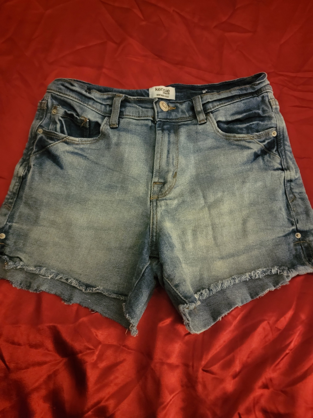 Kensie Washed Blue Denim Cutoff Shorts with Frayed Hem